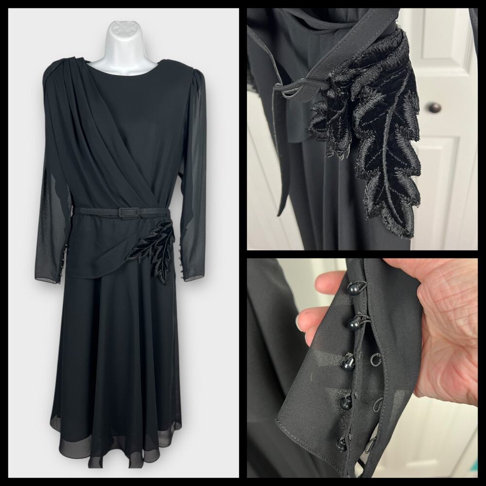 Ursula of Switzerland Black Drape Chiffon Evening Midi Long Sleeve Dress Size 12